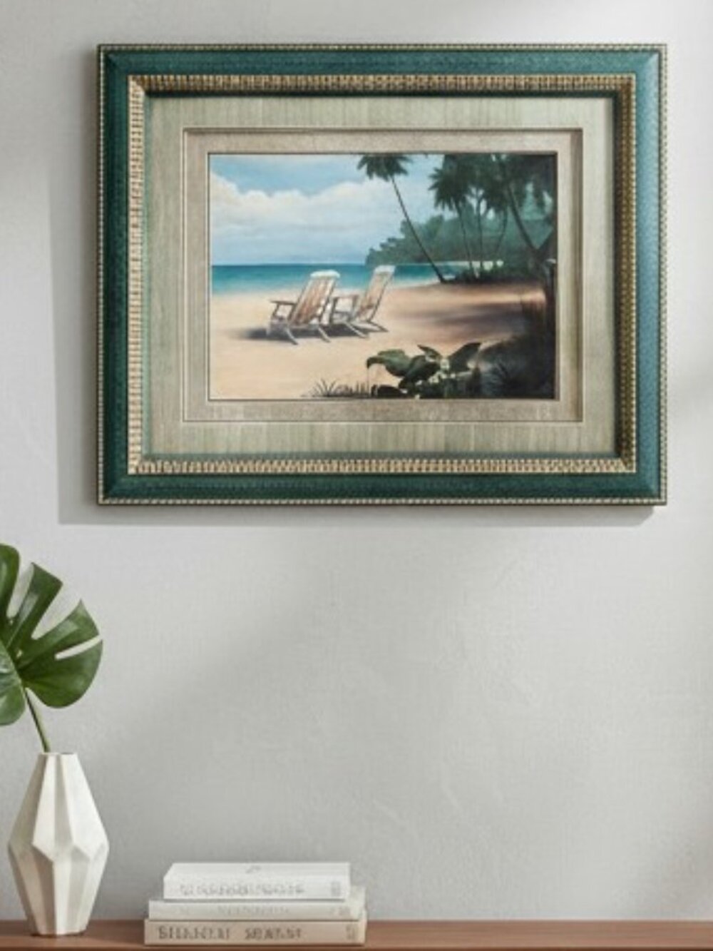 White Sand Beach Two Chairs Palm Trees Framed 20x24
